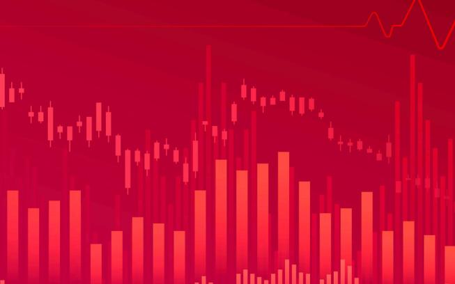 A red background with a graph chart of the stock market 