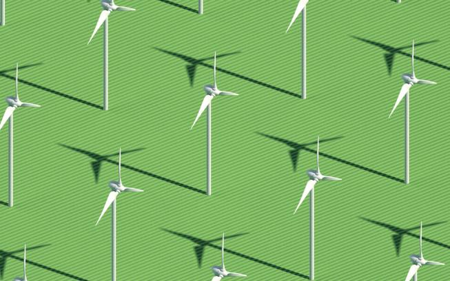A cluster of windmills in a windmill farm providing green energy. 