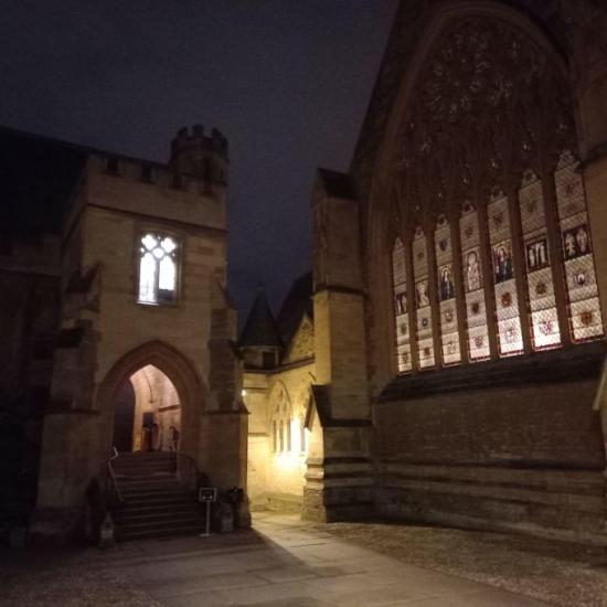 Merton College at night