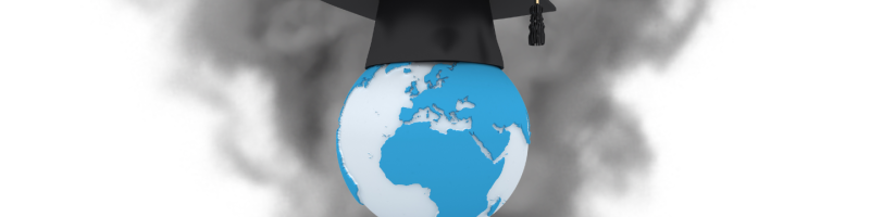 Earth wearing mortarboard covered in smoke