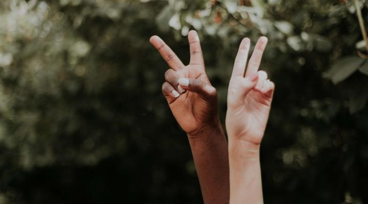 two hands holding up a peace sign